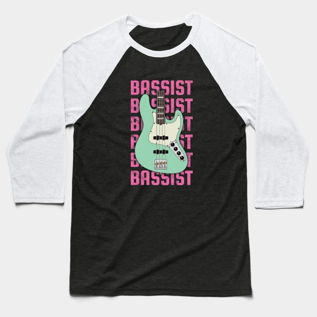 Bassist Repeated Text J-Style Bass Guitar Body Baseball T-Shirt by nightsworthy